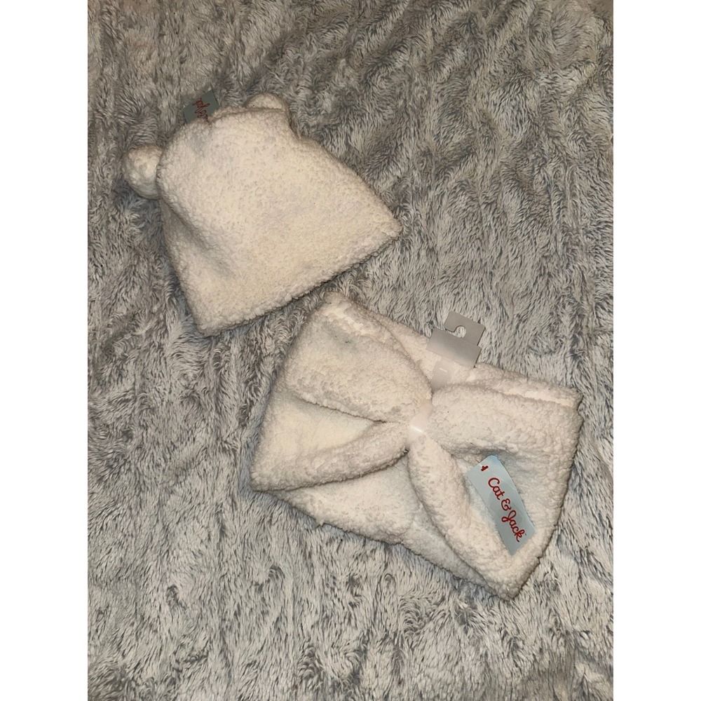 Cat & Jack Almond Cream Sherpa Beanie with Bear Ears and Bow Headband Set OSFM